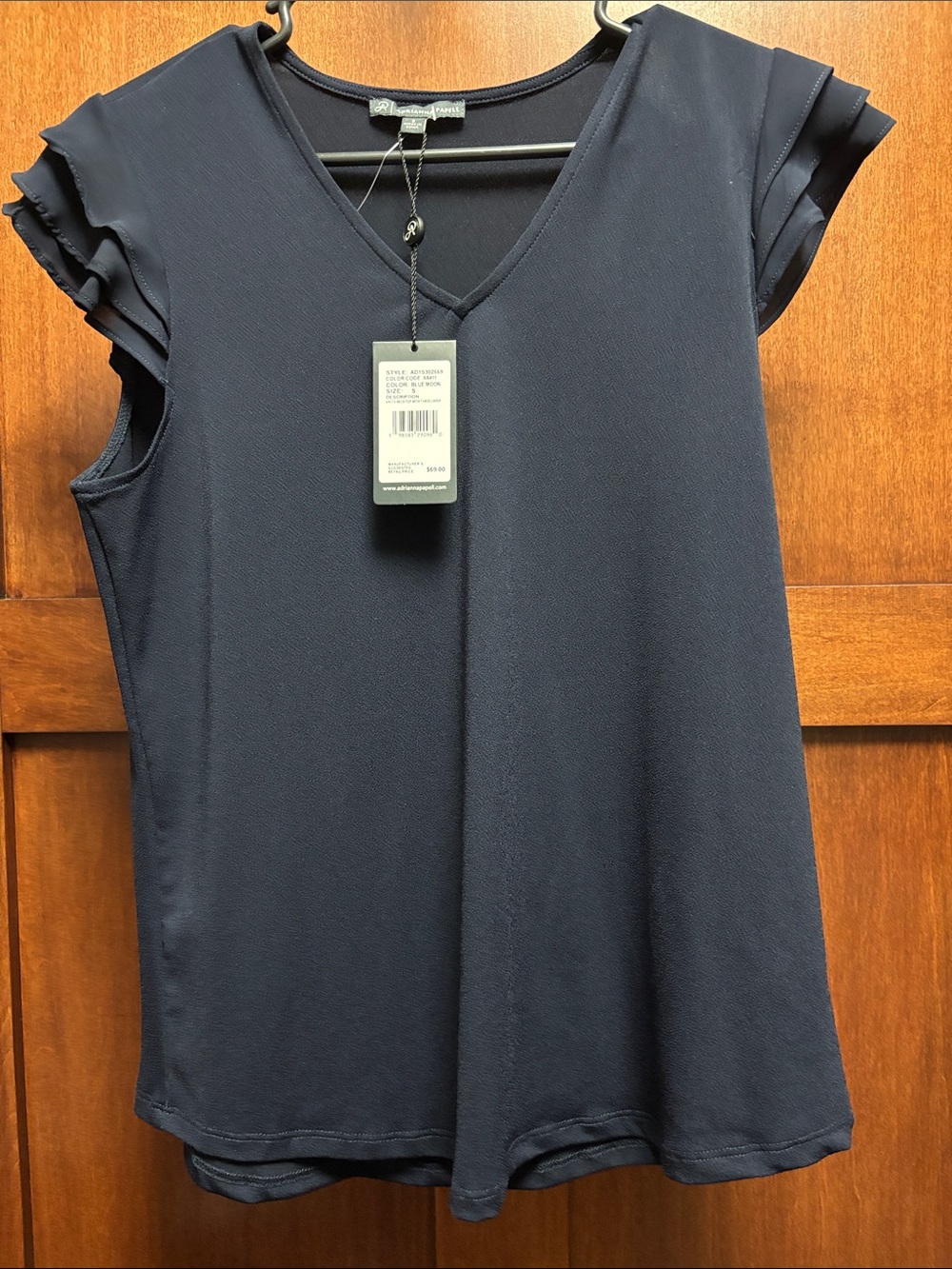 NWT Adrianna Papell Blouse Navy Pleated Flutter Sleeve